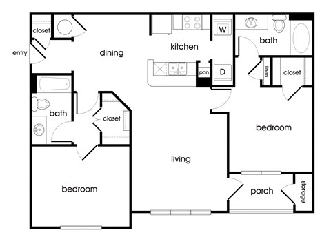Floor plan for 2 beds, 2 baths, 1149 sqft